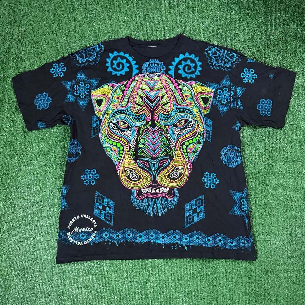 Vintage Puerto Vallarta Mexico Graphic T-Shirt Jaguar XXL All Over Print AOP